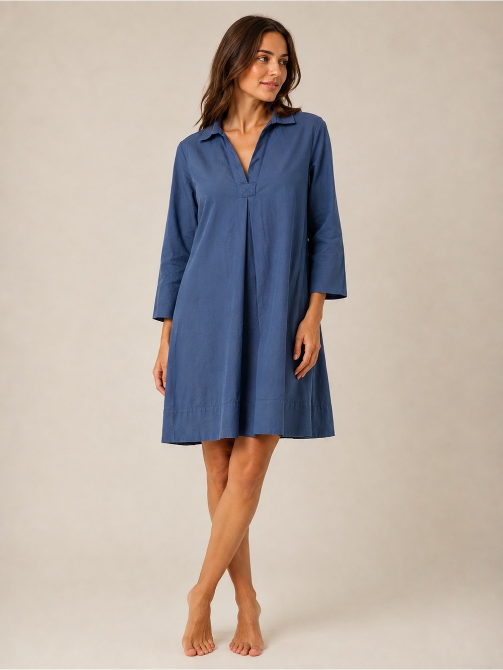 Alpha studio Indigo Blue A-Line Tunic Midi shirt style Dress poplin modest